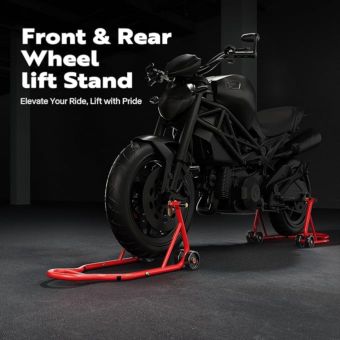 SPECSTAR Motorcycle Stands, 882 Lbs Capacity Front Rear Wheels Lift Combo with U+L Adjustable Swingarm Spool, Heavy Duty Paddock Stands fit for BMW Suzuki Yamaha Honda Kawasaki, Red