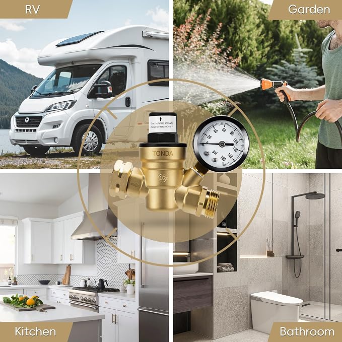 TONDA RV Water Pressure Regulator, Brass Lead-Free Adjustable Pressure Regulator with Gauge and Inlet Screen Filter for RV Camper Travel Trailer Water Hose