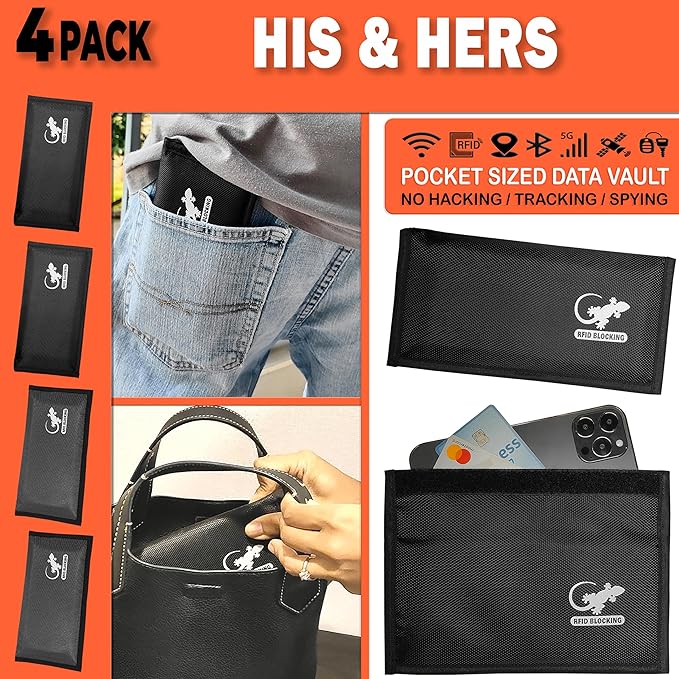4 Faraday Bag Anti-Tracking GPS RFID Car Key Signal Blocker Wallet Shielding Pouch Protective Case for Cell Phone Car Key FOB, Data Privacy, Electronic Device Security (4 PACK - BLACK AND GRAY)