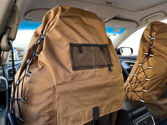 Tan Seat Covers for Cars Trucks SUV, Universal Canvas Tactical Multi-Pockets Organizers Rain Defender, Waterproof Seat Protectors Front Set (Tan)