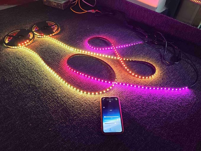 2PCS 3FT Rolls RGB Dream Color Chasing Flow Breath Strobe LEDs Tinted Full Black Out PCB Smoked Light Strips Bluetooth Remote Ctrl for Car Truck Slingshot Wheel Hood Grille Lights