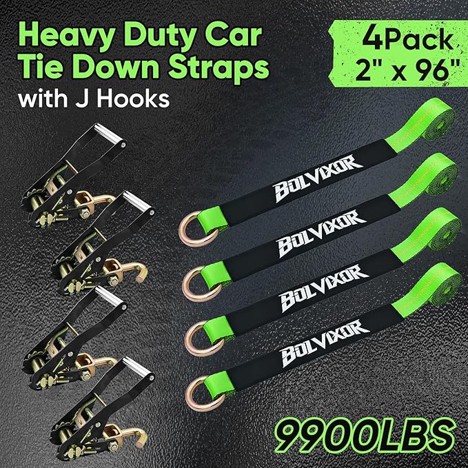 4 Pack Car Tie Down Straps for Trailers 2" x 96" - 9900LBS Break Strength - Tire Ratchet Straps with J Finger Hooks for Hauling UTV, SUV, Truck, Any Cars