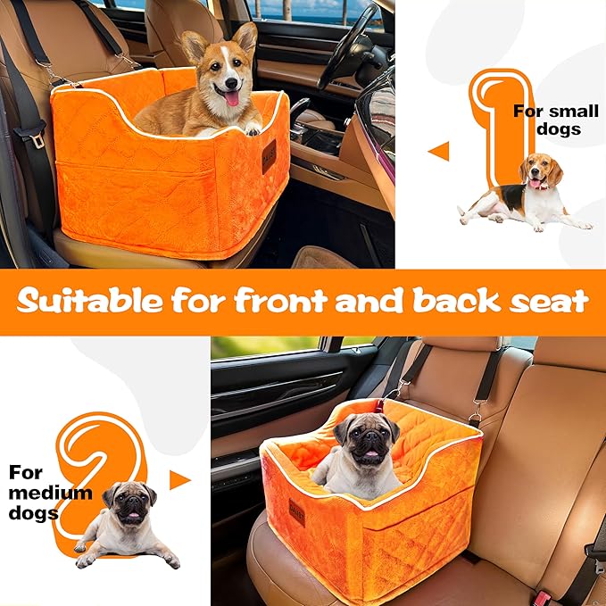 Dog Car Seat for Small Medium Dogs, Detachable Washable Dogs Booster Seat Under 35lbs, Elevated Dog Car Bed with Storage Pockets (Orange, One Size)