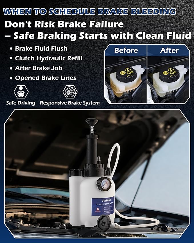 3L Brake Fluid Bleeder Kit w/ 1L Catch Bottle, Pressure Brake Bleeding Tool, Manual Power Bleeder Pump for Flush Brakes and Clutch System, Upgraded Adapters (43.5/45/49.5/50.7mm), White