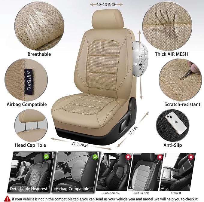 CAR PASS Memory Foam Car Seat Covers,Air Cool Mesh Thick Seat Covers Front Seats,Beige Leather Seat Cover for Car,Universal Automotive Comfort for Most Cars,SUV,Trucks,Airbag Compatible,All Beige