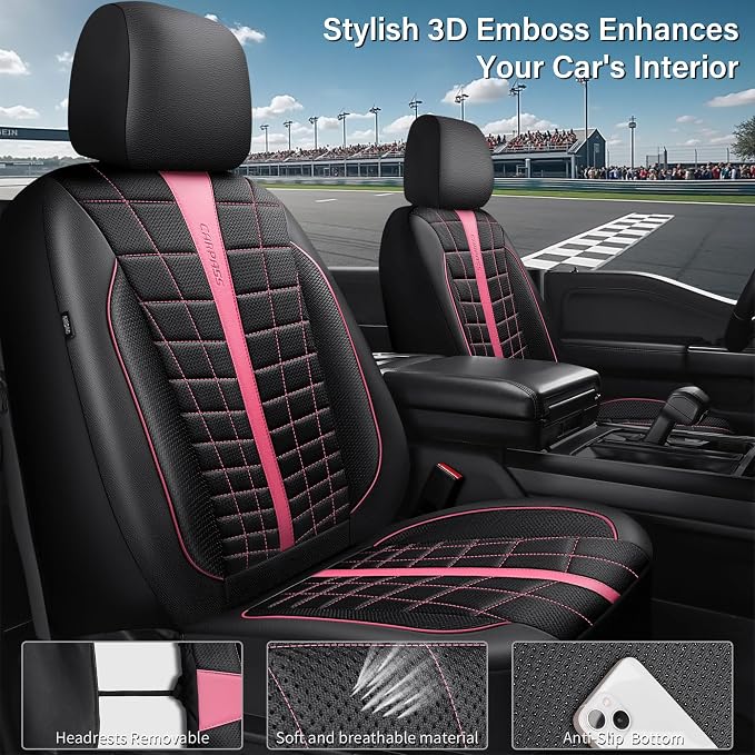 CAR PASS 3D Air Mesh Seat Covers for Car, Leather Car Seat Cover Front Seats, Breathable Foam Premium Leather Mesh Front Seat Covers Universal Fit for Cars Sedans Trucks Vans SUVs, Black Pink