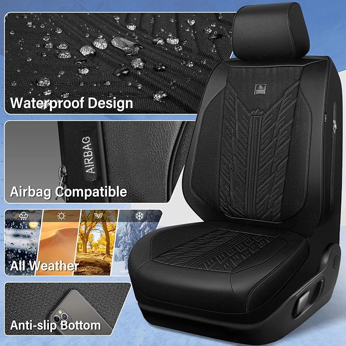 CAR PASS Leather Oxford Large Seat Covers For Truck F150 Ram Silverado Sierra 1500 Seat Covers, Scratch-resistant Water-proof All Weather Universal Fit for Extra Large Truck Car SUV Full Black 3D Tyre