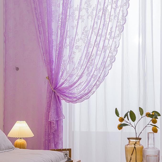Sutuo Home Lace Curtains 2 Panels Set, Purple Sheer 72 Inch Long Window Floral Vintage Voile Window Panel Treatment for Bedroom/Living Room/Kitchen, Decor Rod Pocket W57 x L72