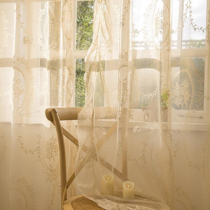 Sutuo Home Beige Lace Curtains 84 Inches Long 2 Set, Sheer Panels Rose Floral Embroidery Vintage Voile Window Treatment Pair for Bedroom Living Room, Retro Christmas Decor Rod Pocket, W57 x L84