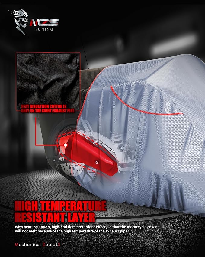 MZS Motorcycle Cover Waterproof Outdoor, Heavy Duty All Season Weather Sun Protection with Storage Bag Vents Night Reflective Cotton Lining Lock Holes fits up to 116" Motorcycles Vehicle Covers