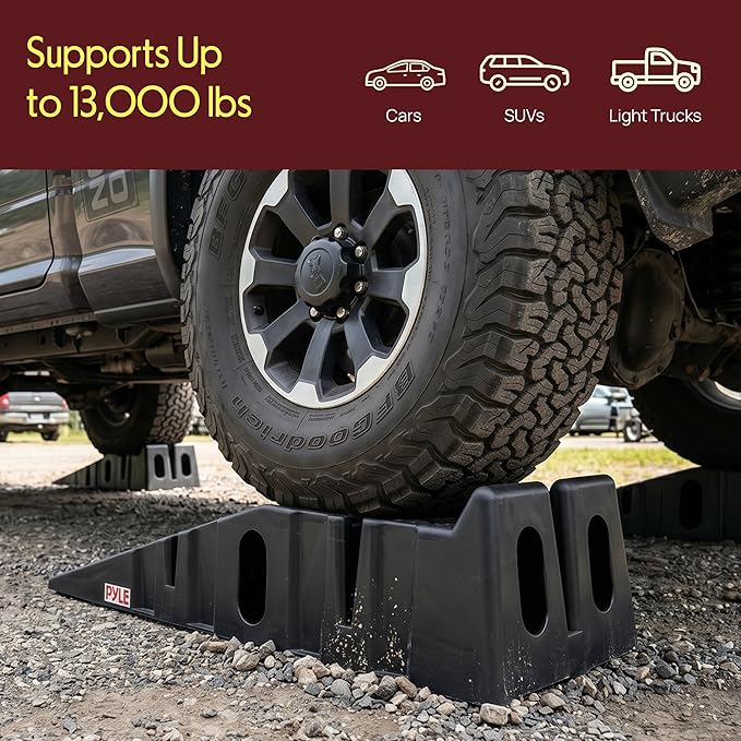 Pyle Heavy Duty Vehicle Ramps | 13000 lb Capacity Car Ramps for Low Clearance Vehicles with 6.3 Inch Lift and 17° Incline | Portable Non-Skid Car Ramps for Oil Changes, 2-Pack, Black.
