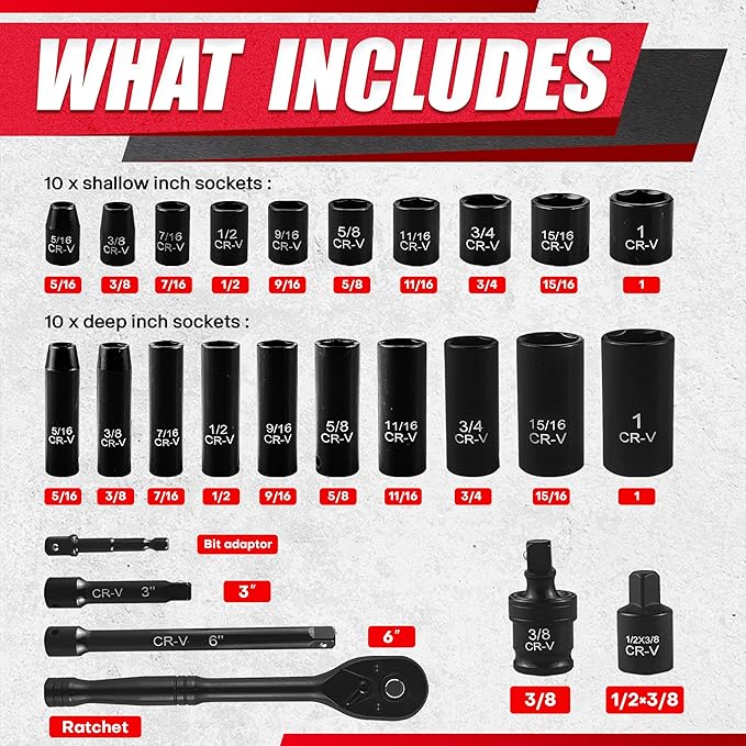 EACELIY 64pcs 3/8" Socket Set,Drive Impact Socket Set, SAE/Metric, Deep & Shallow, Cr-V Steel, 6 Point with Adapters, 72T Ratchet Handle, Extension Bars，Bit Adapter，6-24mm，5/16-1 inch