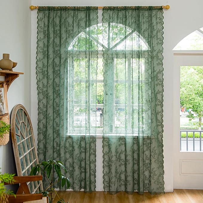 Sutuo Home Olive Green Lace Curtains for Bedroom Living Room 90 Inches Long 2 Set, Dark Hunter Sheer Panels Vintage Floral Embroidery Window Treatment Pair Christmas Decor, Rod Pocket, W57 x L90