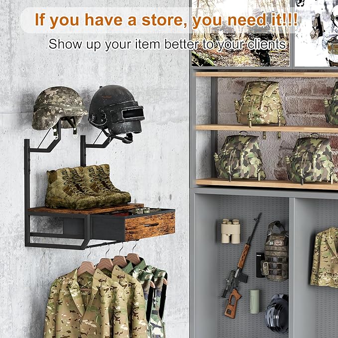 TQVAI Helmet Holder Wall Mount, Hold up to 2 Helmets, Motorcycle Helmets Rack with Drawer and Mesh Basket for Motorcycle Accessories, Hanging Protective Gear Shelf for Backpack Boots