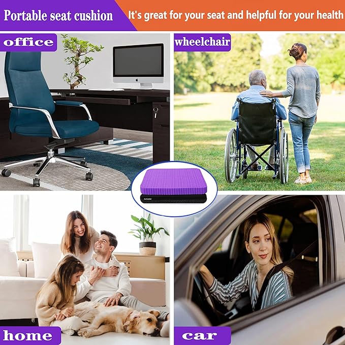 Innovative Gel Seat Cushion for Long Sitting, Seat Cushion for Back, Sciatica, Hip, Tailbone Pain Relief, Large and Thick, Used for The Office, Wheelchair, Recliner, Car, Truck.(Púrpura)