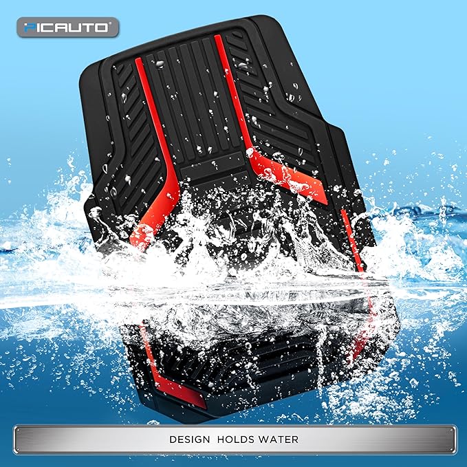 PIC AUTO Heavy Duty Rubber Floor Mats, Red Aluminum Film Car Mats Set, Front and Rear Car Mats with Anti-Slip Backing, All Weather Protection, Trim-to-Fit for Automotive SUV, Sedan, Van