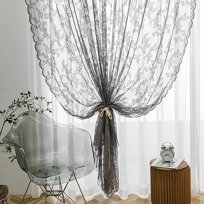 Sutuo Home Lace Curtains 2 Panels Set, Gray Sheer 84 Inch Long Window Floral Vintage Voile Window Panel Treatment for Bedroom/Living Room/Kitchen, Decor Rod Pocket W57 x L84