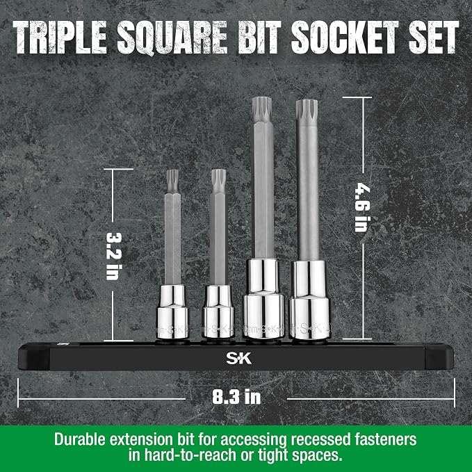SK Tools USA 3/8" & 1/2" Drive, 4 Piece, Chrome Metric Triple Square Bit Socket Set: 6MM - 12MM | 19704