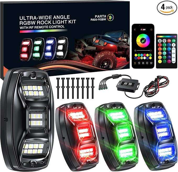 Rock Lights for Trucks: 4 Pod RGBW Underglow Light for Trucks with App Control Featuring Flashing Music Sync Mode All Aluminum Housing IP68 Waterproof Rock Lights for ATV UTV SUV RZR Truck Accessories