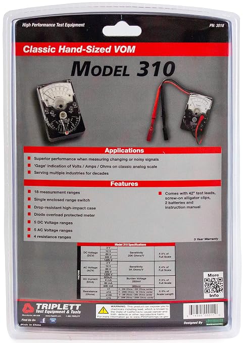 Triplett 3018 Model 310 Hand-Sized Analog Multimeter with Certificate of Calibration to NIST - AC/DC Voltage, DC Current, Resistance