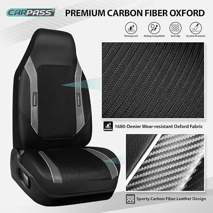 CAR PASS High Back Car Seat Cover Two Front Seats, Sporty Carbon Fiber 3D Waterproof Oxford Luxury Leather All Weather Bucket Seat Cover, Airbag Compatible Universal Fit Car Suv Sedan Truck Black Gray