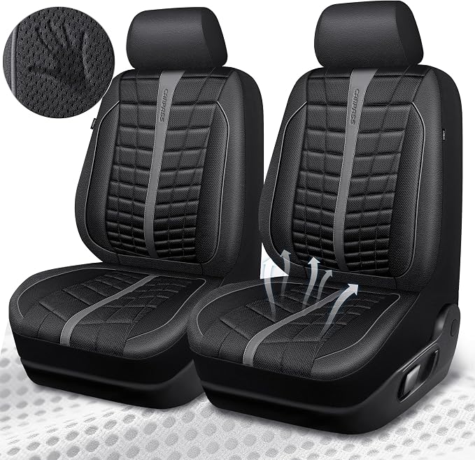 CAR PASS 3D Air Mesh Seat Covers for Car, Leather Car Seat Cover Front Seats, Breathable Foam Premium Leather Mesh Front Seat Covers Universal Fit for Cars Sedans Trucks Vans SUVs, Black Gray