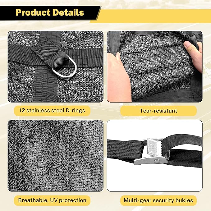 6'×4.75'Cargo Net with Mesh,Basic Waterproof,Breathable,UV Protection,4 Adjustable Straps with Carabiners & S-Hooks.Cargo Net for Pickup Truck Bed is Suitable for Trailer,Pickup Truck,Boat,Jeep,SUV