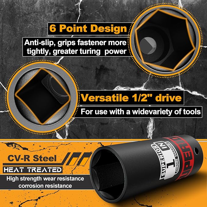 12 Piece 1/2" Drive Impact Socket Set, 3/8" - 1" Deep Socket, SAE, 6 points, CR-V Material, Cars, Motorcycles, Tire Changes