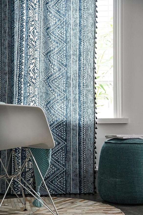 ColorBird Blue Boho Curtains 63 Inch Farmhouse MCM Western Striped Aztec Light Filtering Window Treatment Patterned Drapes for Bedroom Living Dining Room Kitchen Boho Chic Decor