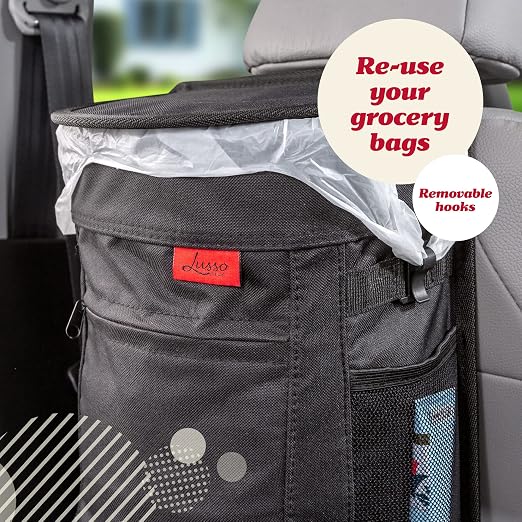 Lusso Gear Spill-Proof Car Trash Can (2.5 Gal, 2 Pack) - Easy to Clean Hanging Garbage Bin - Leak-Proof Lid, Removable Liner, Waterproof - Keeps Truck, SUV, Car, Minivan Clean & Odor Free (Black)