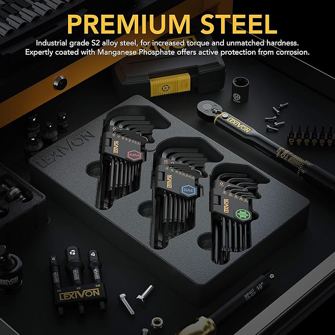 LEXIVON Premium Master HEX Bit Complete 32-Piece, SAE and Metric Socket Set + Master Wrench Key Set, 35-Piece Long Arm Ball End Hex Keys | 3-Pack Metric/SAE & Star