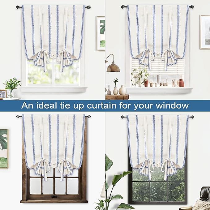 DriftAway Farmhouse Double Layer Linen Blackout Tie Up Curtains Thermal Insulated Vertical Striped Fully Lined Balloon Roman Shade Bathroom Window Adjustable Rod Pocket 31 Inch by 47 Inch Navy