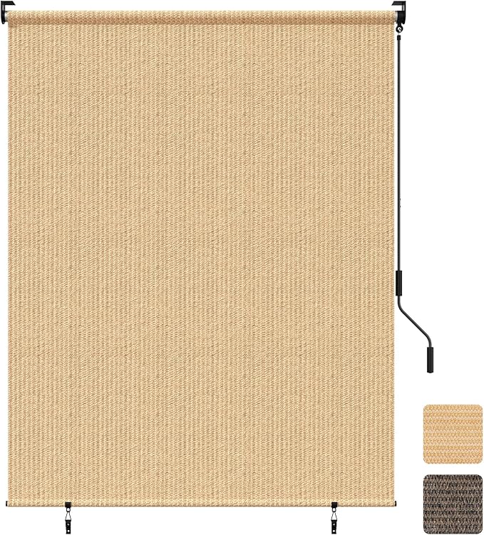 Grandekor Outdoor Roller Shade,6' W x 6' H,Patio Roll Up Shade Cordless,Outdoor Privacy Screen with 220GSM HDPE Aluminum,Wand Operation,Exterior Roller Shade Cloth for Porch Gazebo Backyard,Khaki