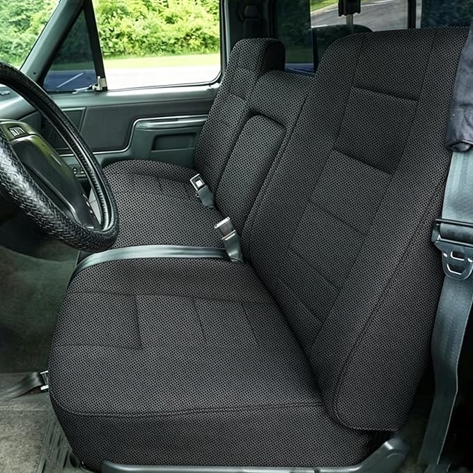 Truck Seat Covers for Ford F150 1987-1991 Front Bench Seat with Armrest and Molded Sandwich Composite Sponge Fabric - Black