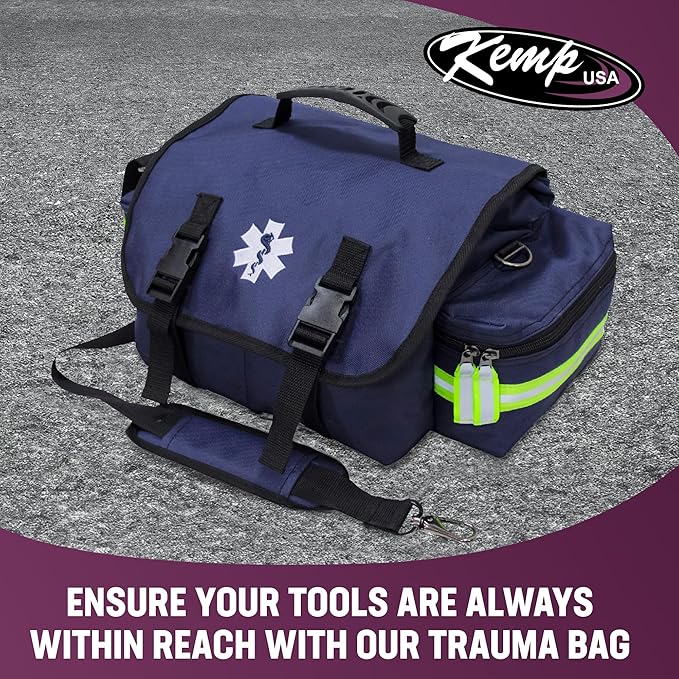 Kemp USA EMT First Responder Trauma Bag Navy Blue First Aid Survival Medical Gear Organizer High Visibility Reflector Emergency Response Kit
