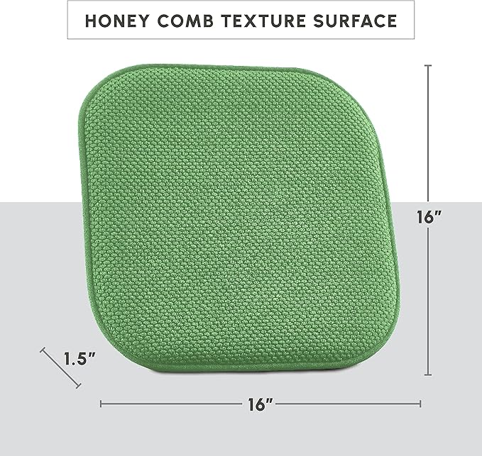 Elegant Comfort Chair Cushion Covers with Ties and Non Skid Rubber Backing-Thick Memory Foam - Soft Cushion Pad- Rounded Square Seat Cover-16 x 16 Inches- Honeycomb Textured Pattern, Set of 4, Green