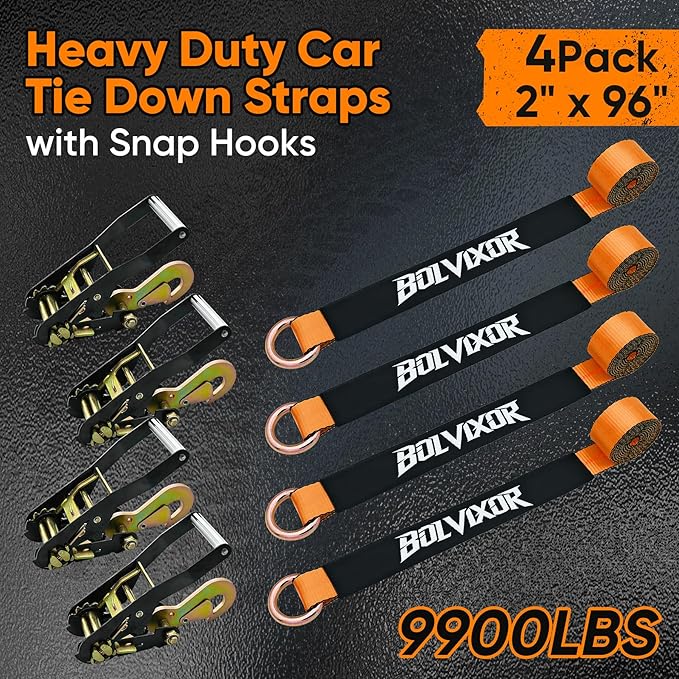 4 Pack Car Tie Down Straps for Trailers - 2" x 96" - 9900LBS Break Strength - Tire Ratchet Strap with Snap Hooks - Adjustable Wheel Straps for Hauling UTV, SUV, Truck, Any Cars