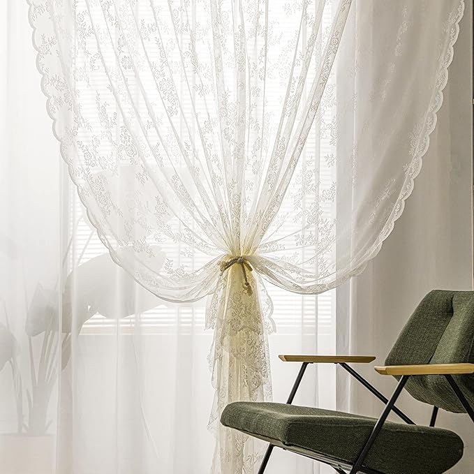 Sutuo Home Ivory Lace Curtains 96 Inches Long 2 Set, Sheer Panels Floral Embroidery Vintage Voile Window Treatment Pair for Bedroom Living Room Kitchen, Retro Christmas Decor Rod Pocket, W57 x L96