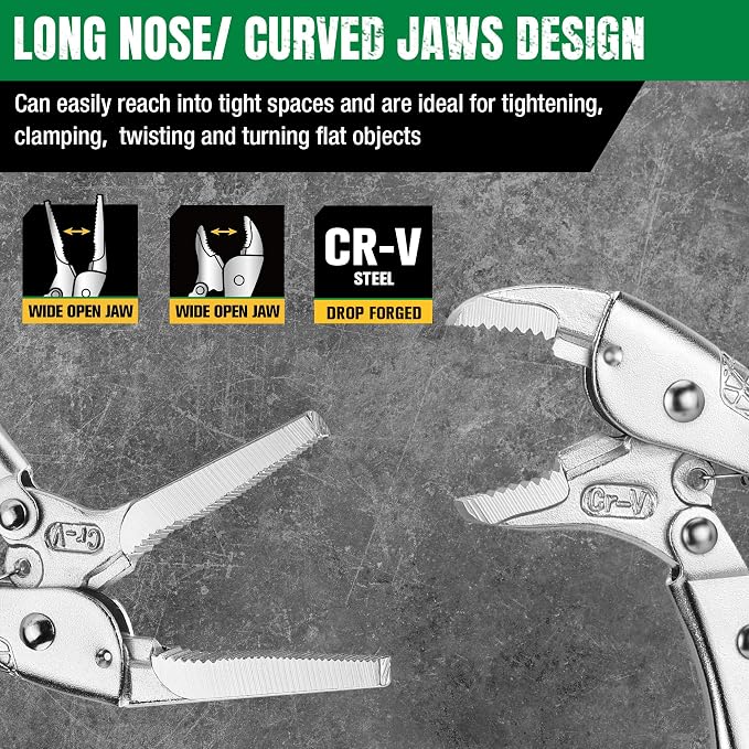 SK 5-Piece Locking Pliers Set, Long Nose & Curved Jaw Locking Pliers, Premium CR-V Construction, Ergonomic Anti-slip Handle, Ideal for Welding or Assembly, with Rolling Pouch