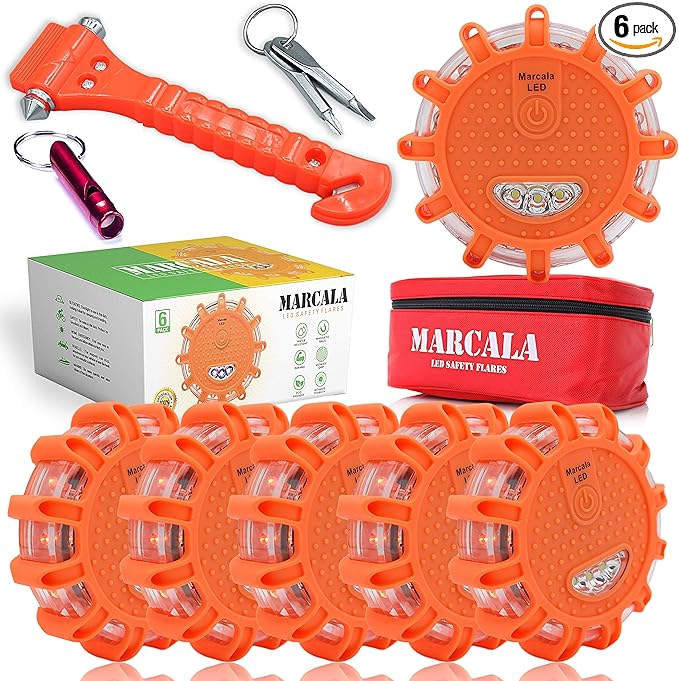 Marcala 6‑Pack LED Road Flares | DOT Compliant Emergency Lights for Vehicles with Batteries, Whistle & Case | Flares Emergency Road | Emergency Flares | Perfect For Gifting or Everyday Roadside Safety