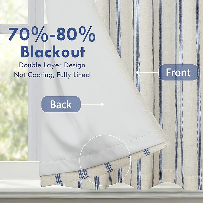 DriftAway Farmhouse Double Layer Linen Blackout Tie Up Curtains Thermal Insulated Vertical Striped Fully Lined Balloon Roman Shade Bathroom Window Adjustable Rod Pocket 31 Inch by 47 Inch Navy