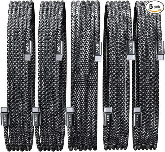 LISEN USB C Cable, 5-Pack [10FT] USBC to USBC Cable for iPhone 17 16e 15 Pro Max Charger Cord, 60W C to C Cable Fast Charging for Galaxy S25/S24/23, Switch 2, iPad, MacBook,Black