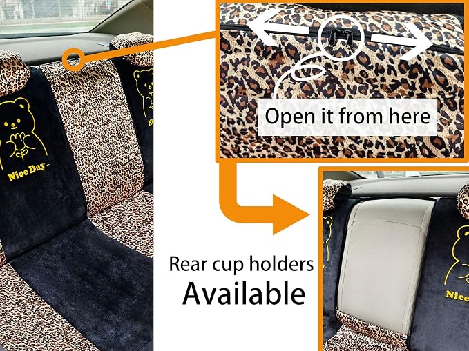 Cute Bear Leopard Print Car Seat Covers For Women,Universal Full Set (Bear) | Lovely Embroidered Cartoon Design For Daily Driving, Universal Fit For Most Cars, Soft Short Flannel With Stretch Backing