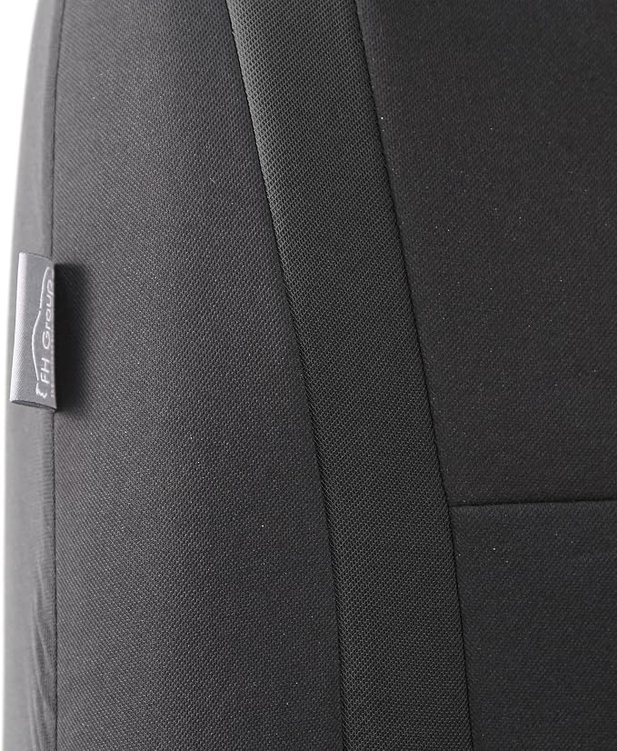 FH Group Automotive Seat Covers Unique Flat Cloth Black Full Set, Combo Steering Wheel Cover and Seat Belt Pads Rear Solid Bench Universal Fit for Vans Cars Trucks and SUV Interior Accessories