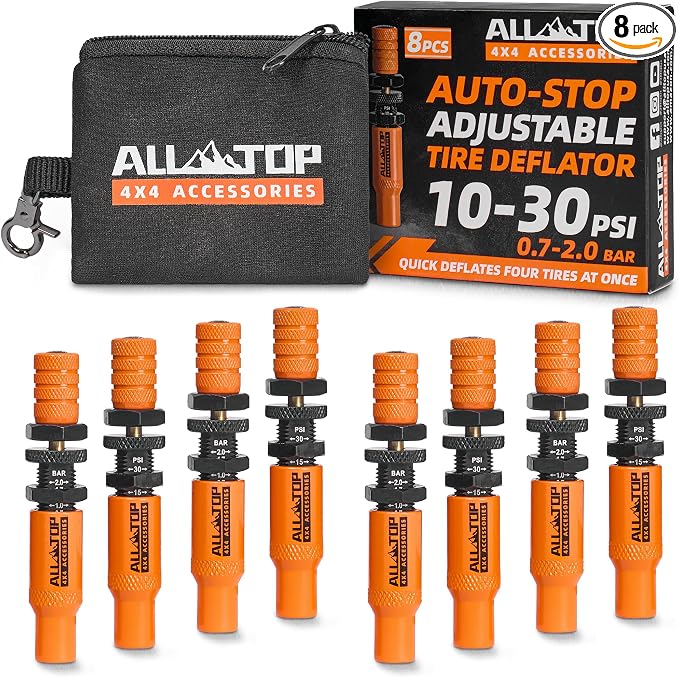 ALL-TOP Adjustable Auto-Stop Tire Deflator Valve Kit (10-30PSI) 8 PCS Tyre Air Down Tool with Screw-On Back-up Valve Caps for Offroad 4x4 (2nd Gen) (Orange, Tire Deflator, 8PCS)