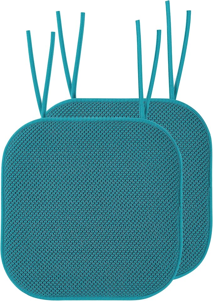 Elegant Comfort Chair Cushion Covers with Ties and Non Skid Rubber Backing-Thick Memory Foam - Soft Cushion Pad- Rounded Square Seat Cover-16 x 16 Inches- Honeycomb Textured Pattern, Set of 2, Peacock