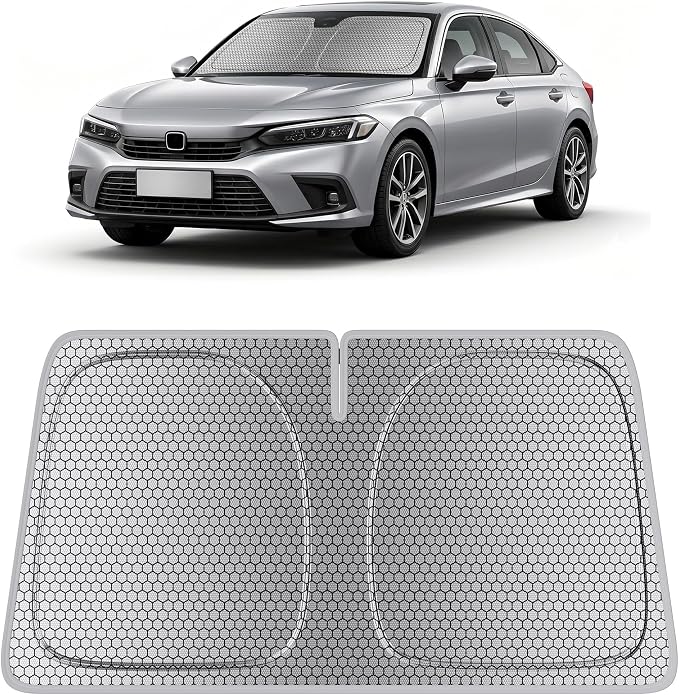 helloleiboo Windshield Sun Shade for Honda Civic 2022-2026 Graphene Honeycomb Heat Shield with UV Protection Foldable Custom Fit Front Window Sunshade Silver 56" x 28"