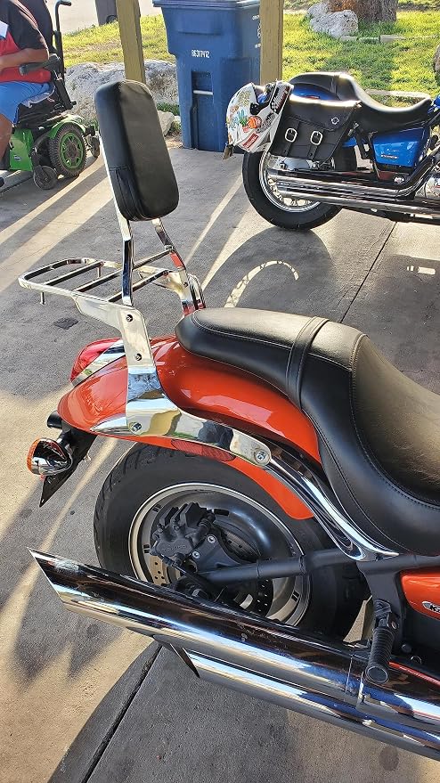 Comfortable Leather Backrest Sissy Bar + Luggage Rack Pad Compatible With Kawasaki Vulcan 900 VN900 1996-2018 (Chrome) (Chrome)