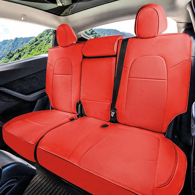 FH Group Custom Fit Car Seat Covers Specifically Made for 2020-2025 Tesla Model Y Faux Leather Water Resistant Automotive Seat Covers -Rear Set Solid Red