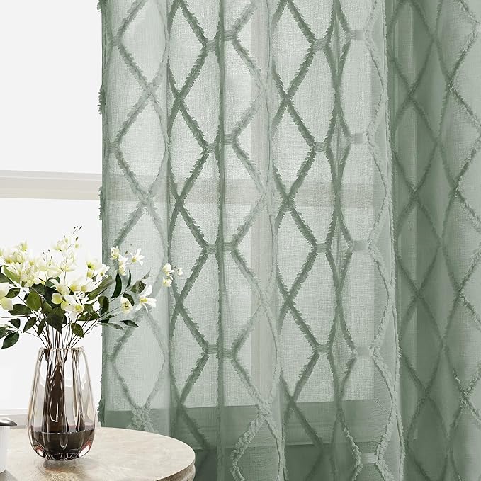 Extra Long Desert Sage Sheer Curtains 108 Inch Length for Living Room 2 Panels Back Tab Pocket Boho Farmhouse 9ft Drapes Light Filtering Embroiderd Textured Rustic Floor to Ceiling Curtain 52x108